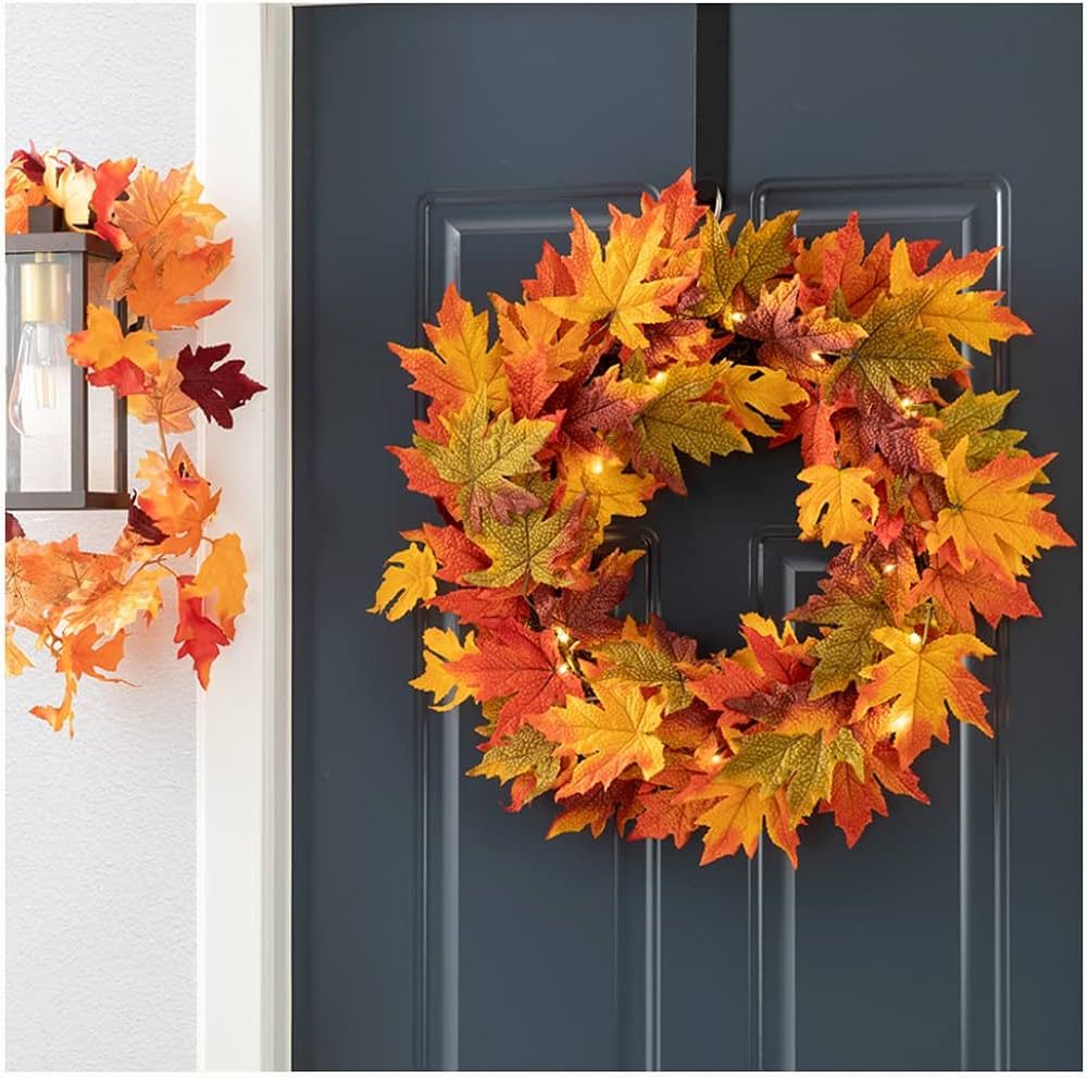 Glitzhome 24" Pre-lit Fall Maple Leaves Wreath, Artifical Fall Wreath with LED Lights Hanging Aut... | Amazon (US)