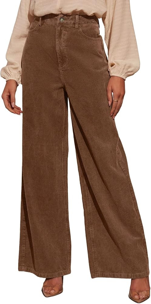 Sidefeel Women's Corduroy Pants Casual High Waisted Baggy Wide Leg Elastic Waist Loose Trousers w... | Amazon (US)