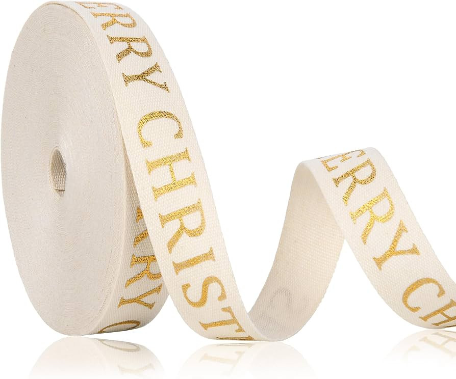 10 Yard Christmas Cotton Ribbon - Glitter, Elegant, Merry, Natural for Craft Gift Wrapping (Golde... | Amazon (US)