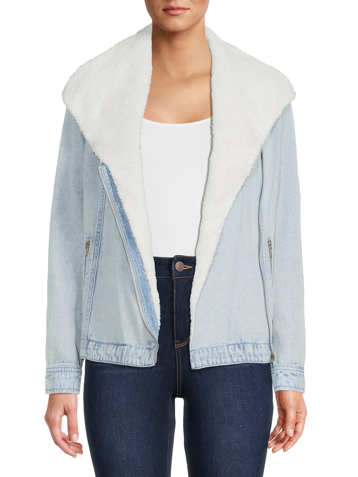Time and Tru Women's Denim Faux Sherpa Jacket | Walmart (US)