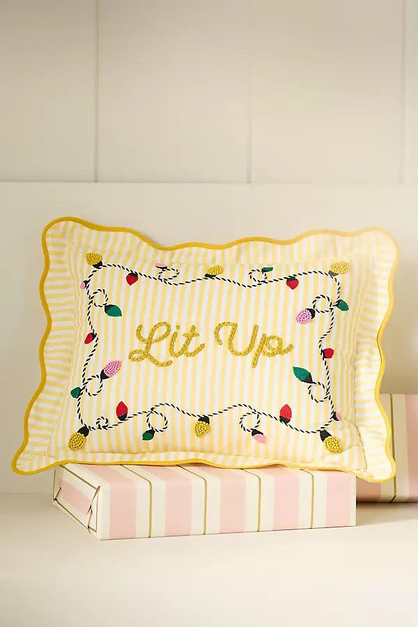 Marlise Embroidered Cotton Holiday Pillow | Anthropologie (US)