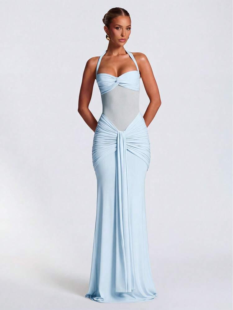 Sexy Spaghetti Strap Backless Waist Cinched High Slit Dress, Mesh Patchwork Vacation Party Dress ... | SHEIN