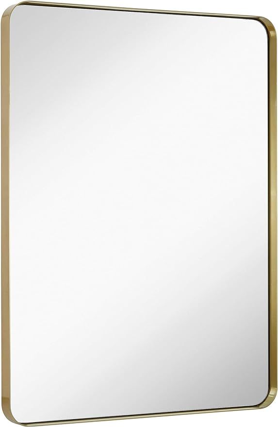 Hamilton Hills Contemporary Brushed Metal Wall Mirror | Glass Panel Gold Framed Rounded Corner De... | Amazon (US)
