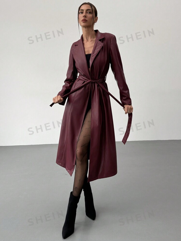 SHEIN Aloruh New Windproof Warm Stand Collar Extra Long PU Jacket, Autumn/Winter | SHEIN