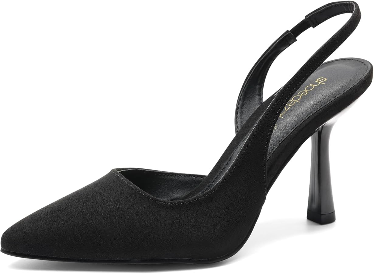 JustFab Women's Pointed Toe High Stiletto Heels Slingback Stretch Slip-on Pumps Backless Patent S... | Amazon (US)