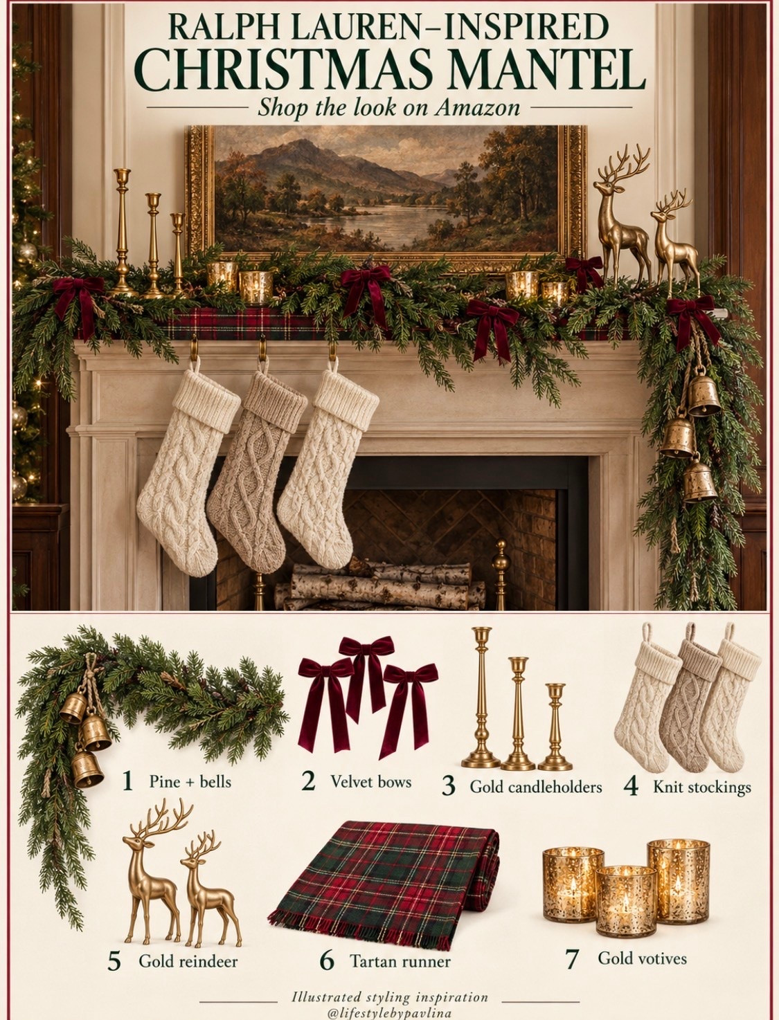 Mantel styling, Ralph Lauren inspired theme

Mantel decoration, Christmas decor, home styling, chic home, Amazon decor