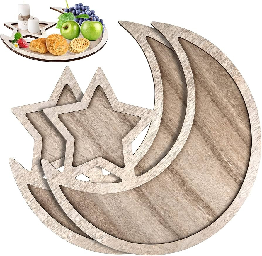 PLULON 2Pcs Ramadan Dessert Trays Eid Mubarak Wooden Moon Star Plates Ramadan Kareem Serving Tray... | Amazon (UK)