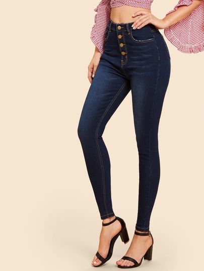 SHEIN Dark Wash Button Up Skinny Jeans | SHEIN