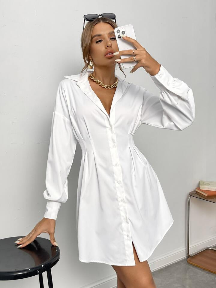 SHEIN Privé Ruched Drop Shoulder Shirt Dress | SHEIN