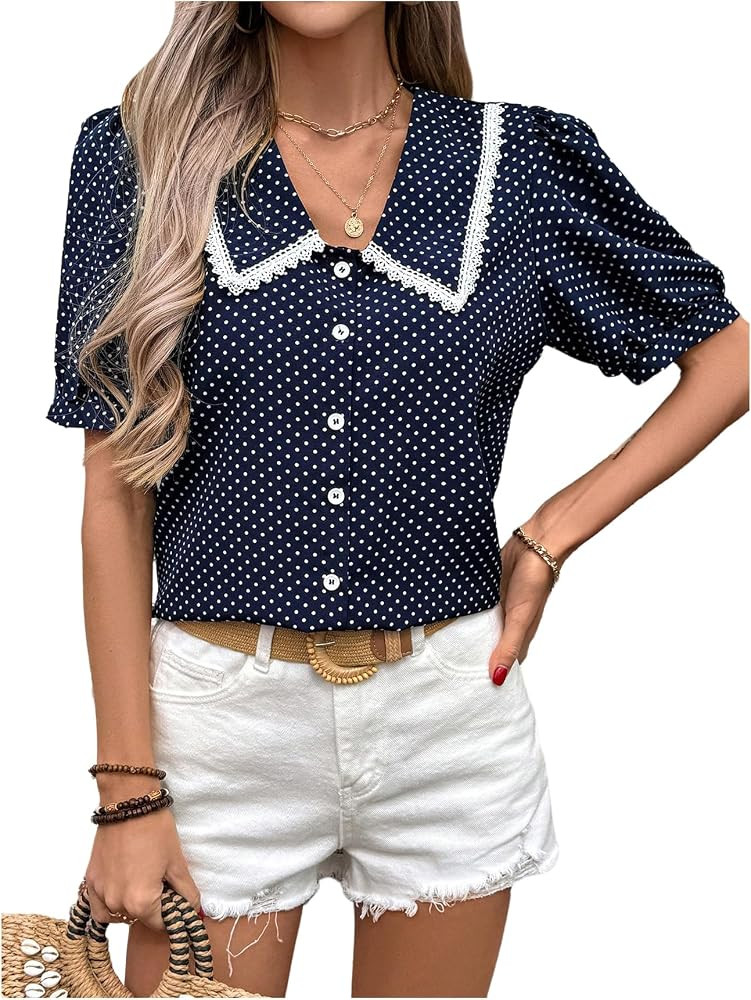 SweatyRocks Women's Polka Dots Print Puff Sleeve Button Down Shirt Collar Tops Blouse | Amazon (US)
