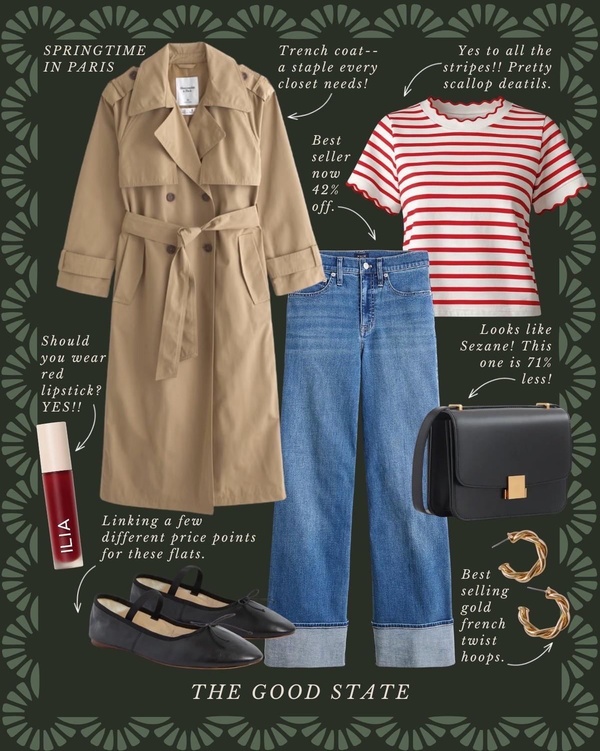 This collection is for the Spring girlies. The ones longing for the warmth of sunshine on their skin and a cool breeze blowing through their hair. Shorts and a sweatshirt weather. A flowy dress and a light cardigan. This is for the ladies counting down the days until the farmers market opens back up. The ones who love early mornings at the market—flaky croissant in one hand and a rosemary latte in the other. This is for the ones who can’t resist a bouquet of fresh flowers and are trying to figure out how to grow their own cut flower garden at home. For the ones who spend the golden evenings having a picnic with friends. For the people (like me) who always have a picnic blanket in their car. This is for the girlies love allllll things gingham, their trusty ball cap, pops of color  and who firmly believe you can’t have too many neck scarves or bandanas. For the ones who love feminine details like lace trim, dainty florals and ruffles. This Spring may we slow down, breathe deep, embrace the life all around and romanticize the seemingly ordinary moments🌼

#springstyle #classicstyle #springoutfit #farmersmarket #preppystyle 

Sezane purse jewelry ballet flats trench coat jeans striped shirt lip gloss j crew Abercrombie target 

#LTKSaleAlert #LTKootd #LTKActive