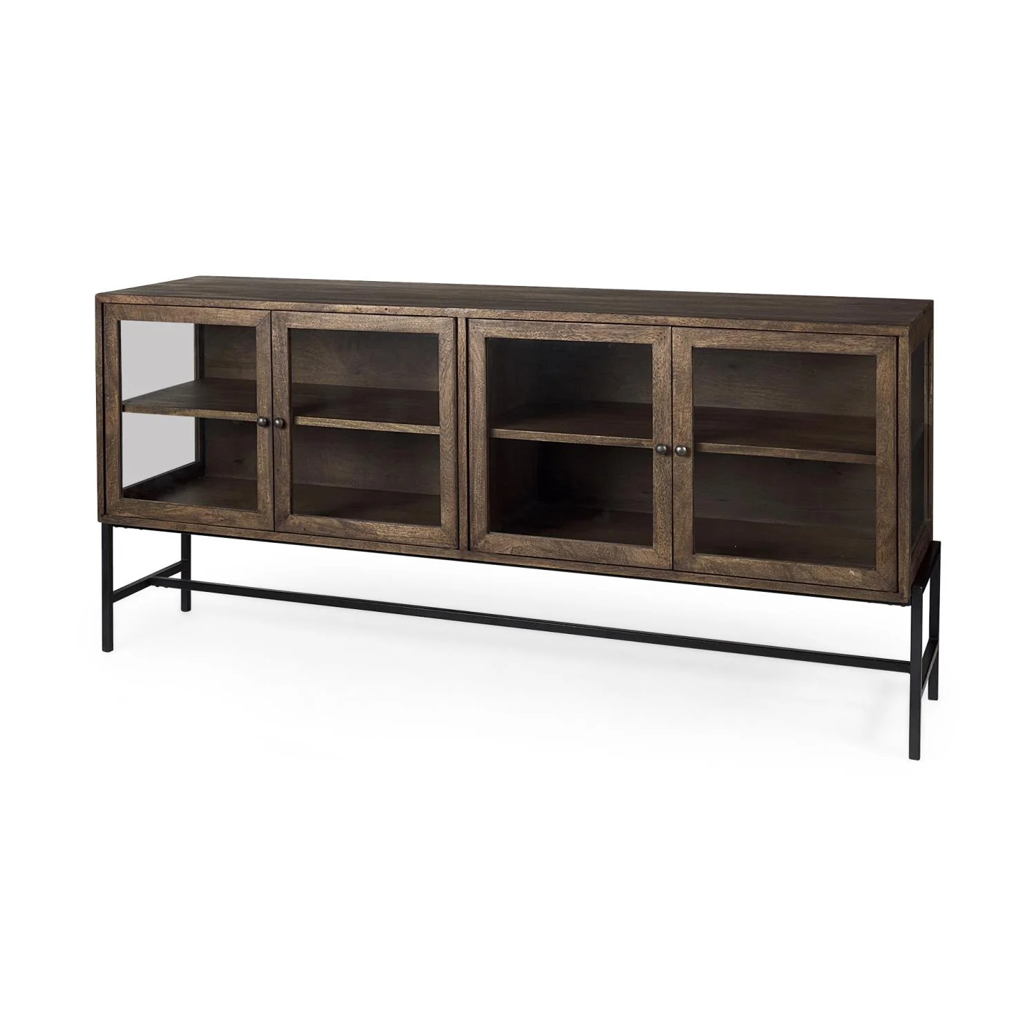 Mercana Arelius Metal Base 4 Glass Door Cabinet Sideboard in Medium Brown/Black | Walmart (US)