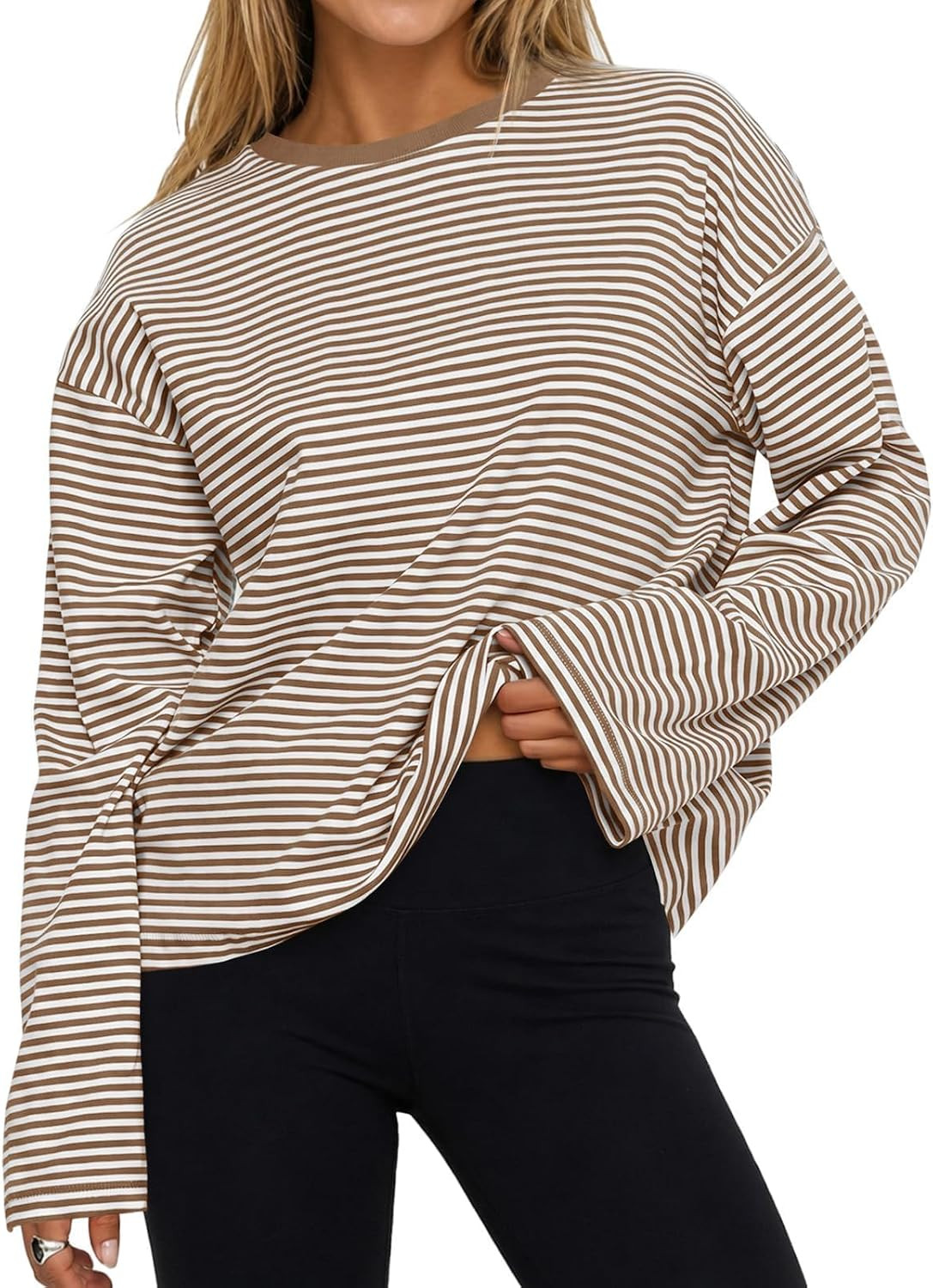 Womens Oversized Striped Long Sleeve Shirts Crew Neck Cotton Tops | Amazon (US)