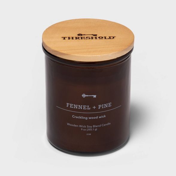 Lidded Amber Glass Jar Crackling Wooden Wick Fennel and Pine Candle - Threshold™ | Target
