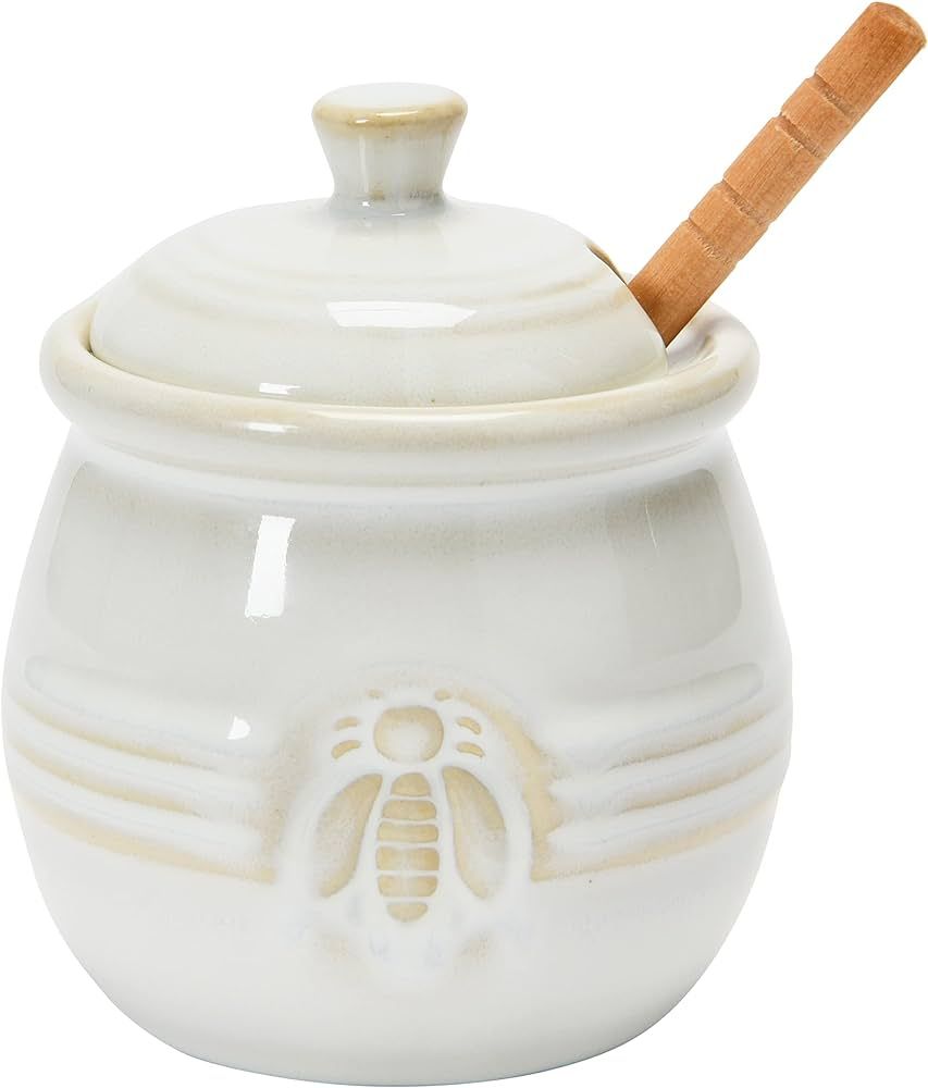 Creative Co-Op Farmhouse Embossed Stoneware Honey Pot with Wood Honey Dipper, White | Amazon (US)
