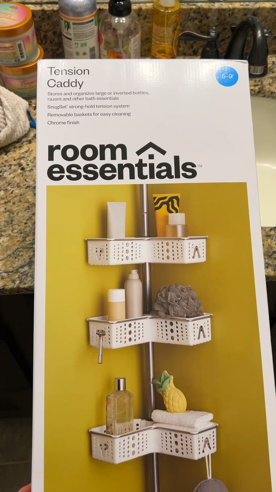 Want to test your marriage? Try installing this on a ceiling that only has one flat side (all the other corners were slanted). But in all seriousness, we installed this today in our teen girls shower. Helps with keeping their shower things organized 