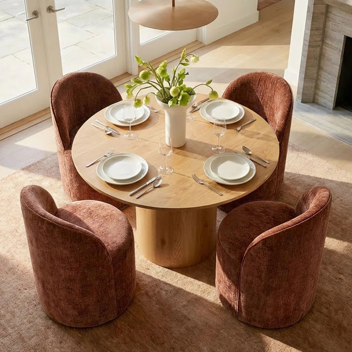 Designed with comfortable upholstered fabric chairs and a refined round table, this dining set blends everyday functionality with an effortlessly sophisticated aesthetic. ON SALE and under $1,100. The dining table is available in both light tan and black finishes, while the plush upholstered chairs come in multiple color options.

Keywords:

* round dining table set
* upholstered dining chairs
* 4 person dining set
* modern dining furniture
* kitchen dining set
* breakfast nook furniture
* contemporary dining set
* dining room furniture
* organic modern decor
* warm neutral interiors
* designer inspired dining room
* cozy dining space
* curated home aesthetic
* modern farmhouse dining
* boutique café aesthetic
* elevated everyday living

#LTKSeasonal #LTKHome #LTKSaleAlert