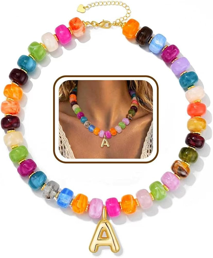 Initial Chunky Beaded Necklaces for Women Non Tarnish Colorful Beaded Bubble Letter Choker Boho S... | Amazon (US)