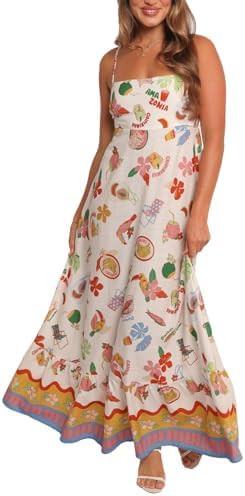 Women Spaghetti Strap Maxi Dress Colorful A Line Swing Long Smocked Picnic Dress Boho Beach Vacat... | Amazon (US)