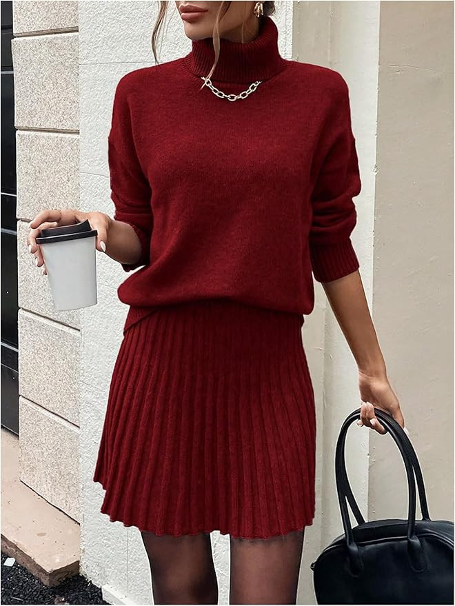 MakeMeChic Women's Sweater Skirt Sets 2 Piece Outfits Ribbed Knit Mock Neck Sweater Pullovers A L... | Amazon (US)