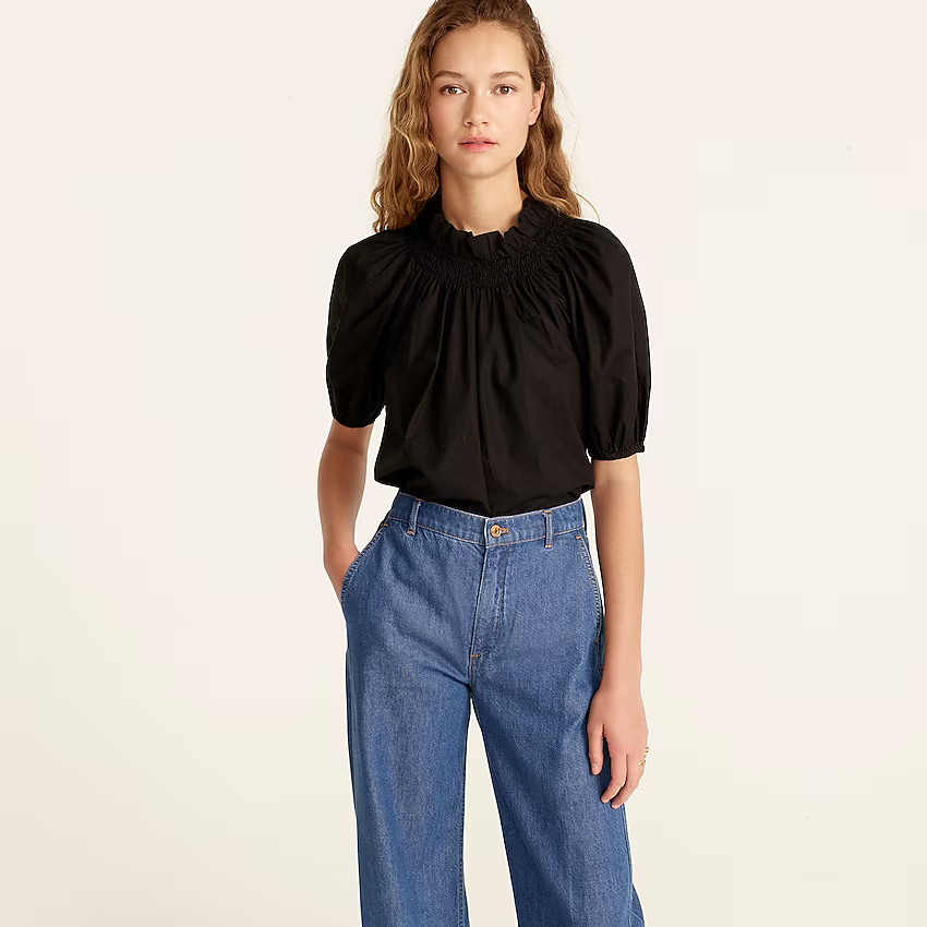 Smocked neck puff-sleeve cotton poplin top | J. Crew US
