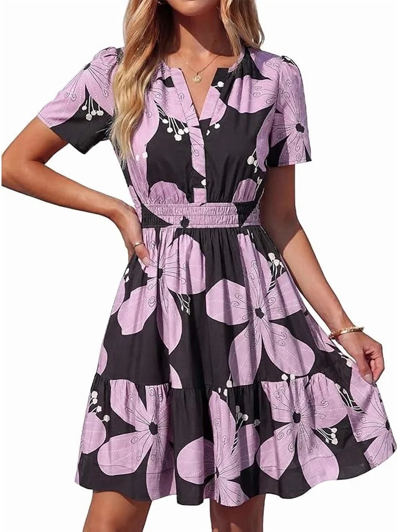 BTFBM Summer Dresses for Women Lightweight Casual Short Sleeve Floral Mini Dress A Line Beach Vac... | Walmart (US)