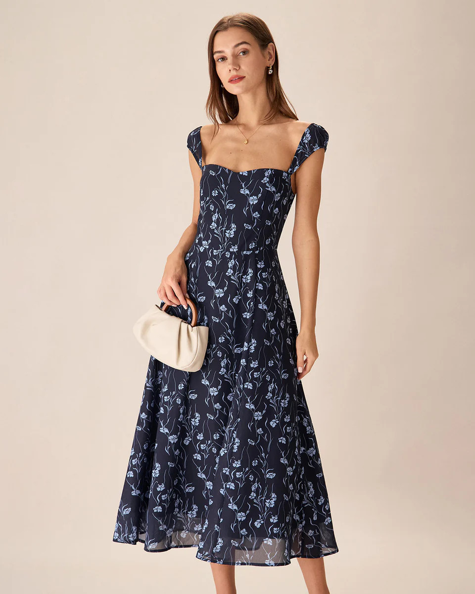 Navy Floral Sweetheart Neck Midi Dress | rihoas.com