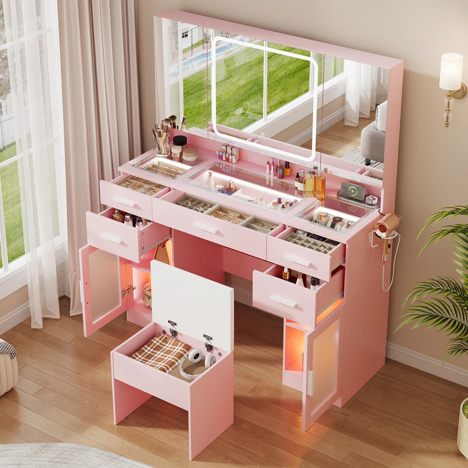 Makeup Vanity Desk With Led Mirror & Power Outlets, Glass Top & 5 Drawers, Dressing Table With 2 ... | Wayfair North America