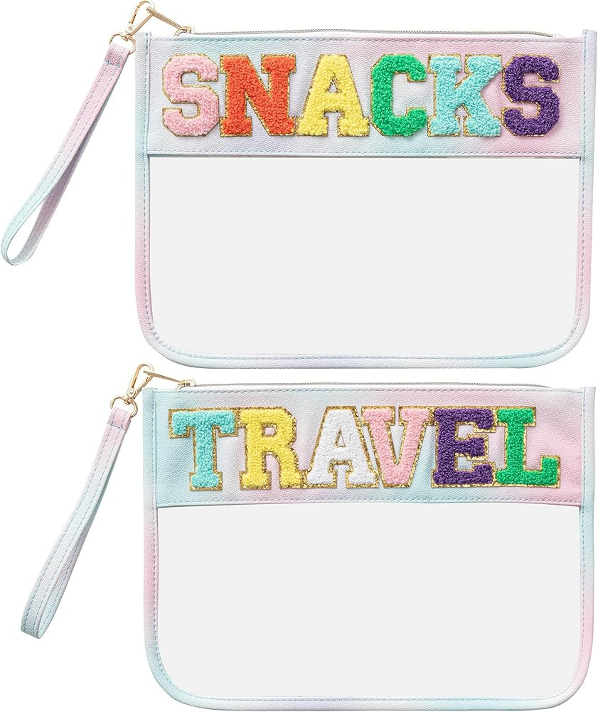HBselect 2Pcs Chenille Letter Clear Travel Zipper Pouch PU Makeup Bag, Preppy Makeup Bag Clear Co... | Amazon (US)