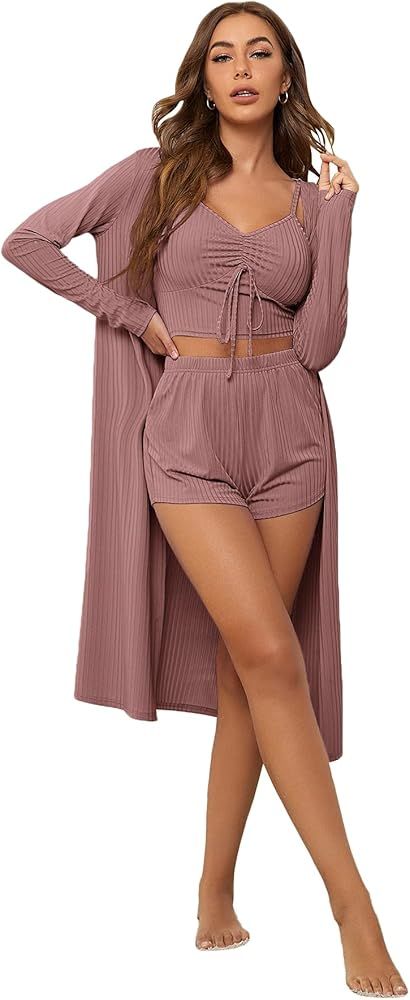 SheIn Women's 3 Piece Lounge Set Pajama Set Cami Crop Top Shorts Cardigan Loungewear Sleepwear | Amazon (US)