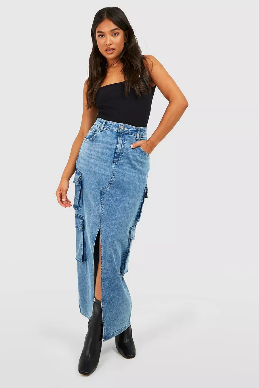 Petite Cargo Pocket Split Front Denim Maxi Skirt | Boohoo.com (UK & IE)
