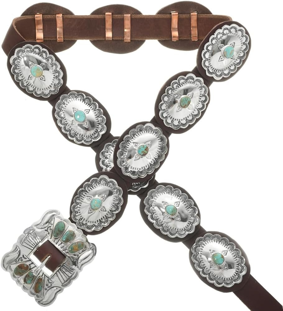 Alltribes Navajo Route 66 Silver Concho Belt Nevada Turquoise Stones on Genuine Leather 0168 | Amazon (US)