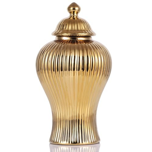 11.8" Gold Ceramic Ginger Jar Vase with Lid - Modern Luxury Ceramic Decoration Gold Ginger Jars for Home Decor, Living Room, Kitchen, Dining Table, Cabinet, Bookshelf Decor, Storage Ginger Jar | Amazon (US)