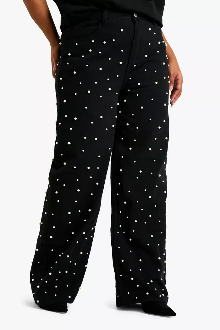 Plus Pearl Embellished Wide Leg Jean | boohoo (US & Canada)