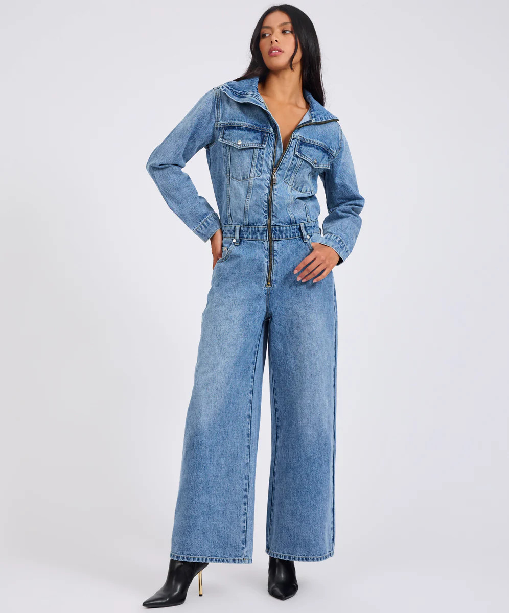 Charli Wide Leg Aviator Denim Jumpsuit - Pretty Blue | One Teaspoon | OneTeaspoon