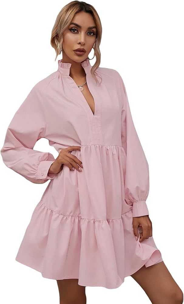 Floerns Women's Casual High Waist Notch Neck Long Sleeve Rufle Hem Smock Dress | Amazon (US)