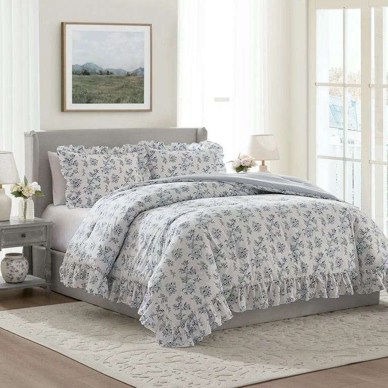 My Texas House Hum Ruffle 3-Piece Blue Floral Cotton Comforter Set, Full/Queen | Walmart (US)