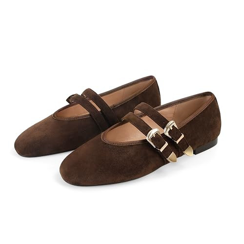 Gengzai Womens Brown Suede Ballet Flats Shoes Mary Jane Flat with Double Buckle Strap Almond Toe Shoes Dressy Casual Trendy Slip On Work Flats | Amazon (US)