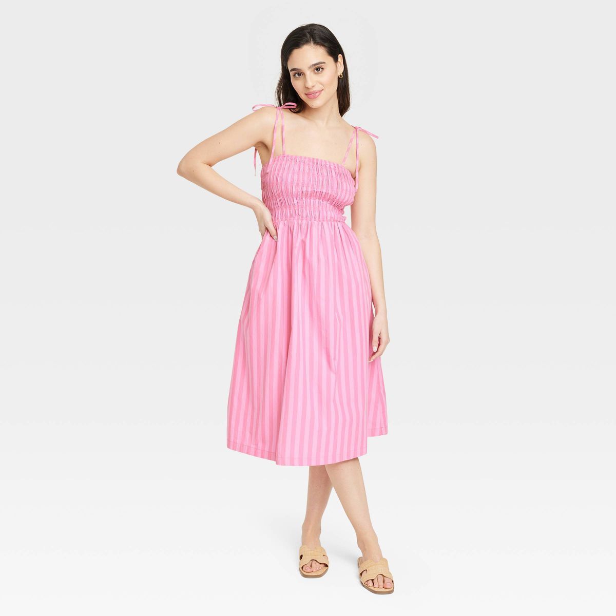 Women's Midi Smocked Sundress - A New Day™ Pink Striped M | Target