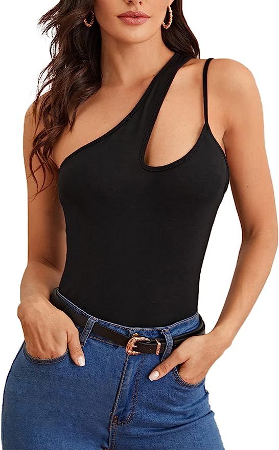 Verdusa Women's Sexy One Shoulder Sleeveless Cut Out Solid Tank Tops Shirt | Amazon (US)