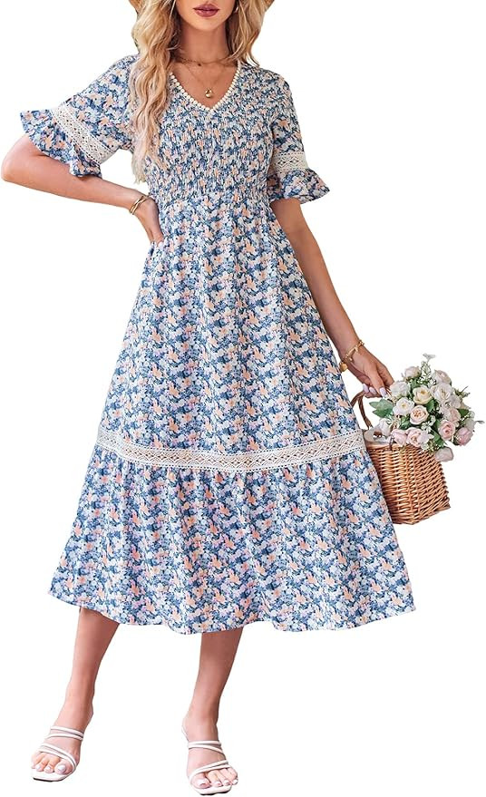 GRACE KARIN Women's 2023 Boho V Neck Short Flutter Sleeve Smocked Tiered Dress Empire Waist Ruffl... | Amazon (US)