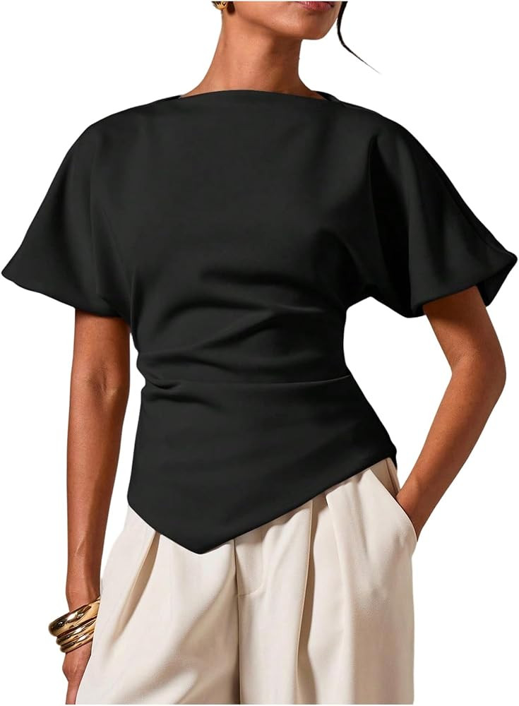 SHENHE Women's Dolman Shirt Cinched Waist Asymmetrical Dressy Going Out Top | Amazon (US)