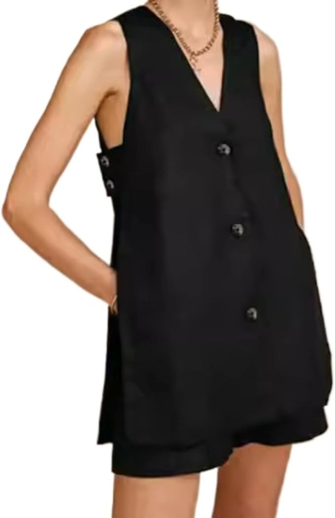 Street Wear Women Suits 2 Pieces Sets V Neck Sleeveless Buttons Vest Blazer High Waist Shorts Lad... | Amazon (US)