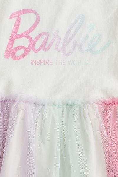 Printed Tulle-skirt Dress - Round Neck - Short sleeve - White/Barbie - Kids | H&M US | H&M (US + CA)