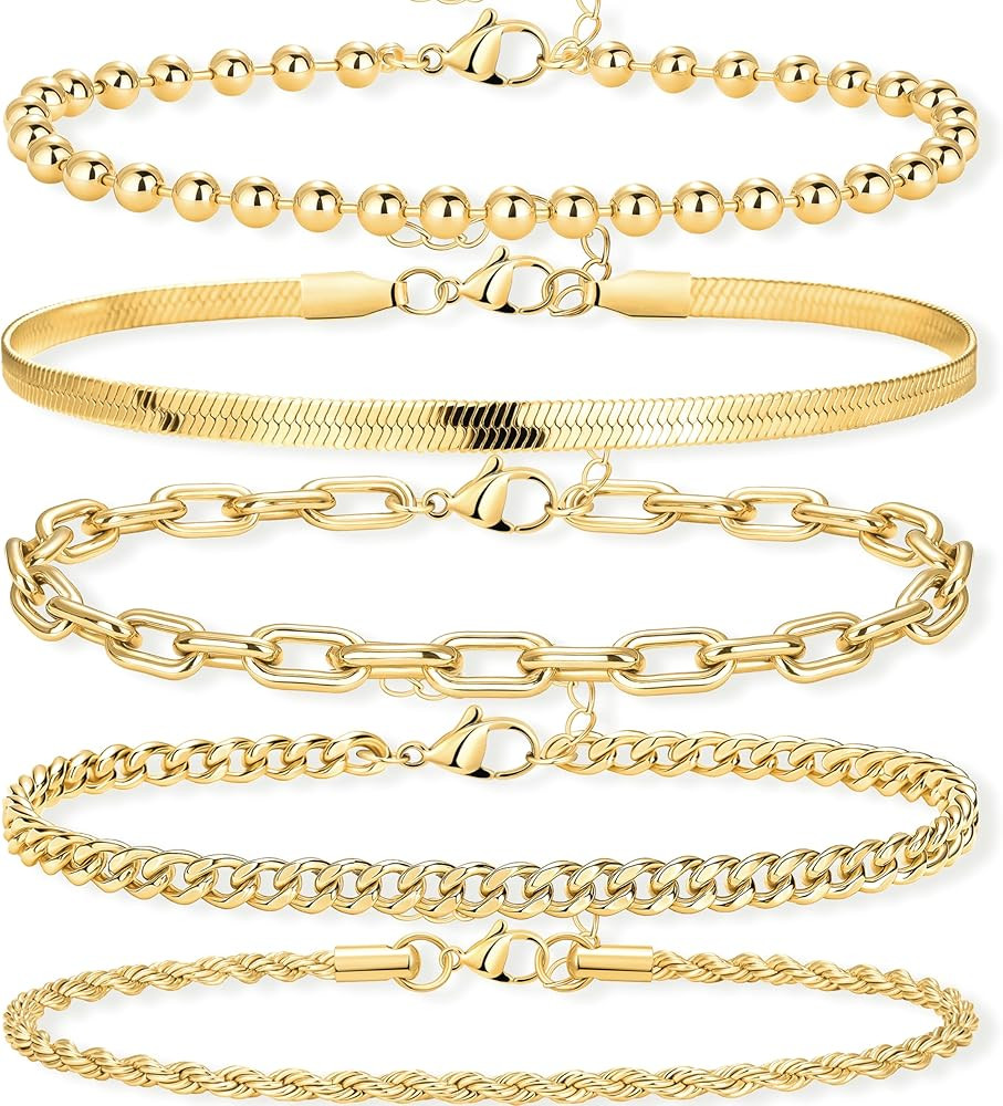 Gold Bracelets Set for Women Stack, Dainty Thick Bracelets Stack for Women Trendy, Simple Thin Go... | Amazon (US)