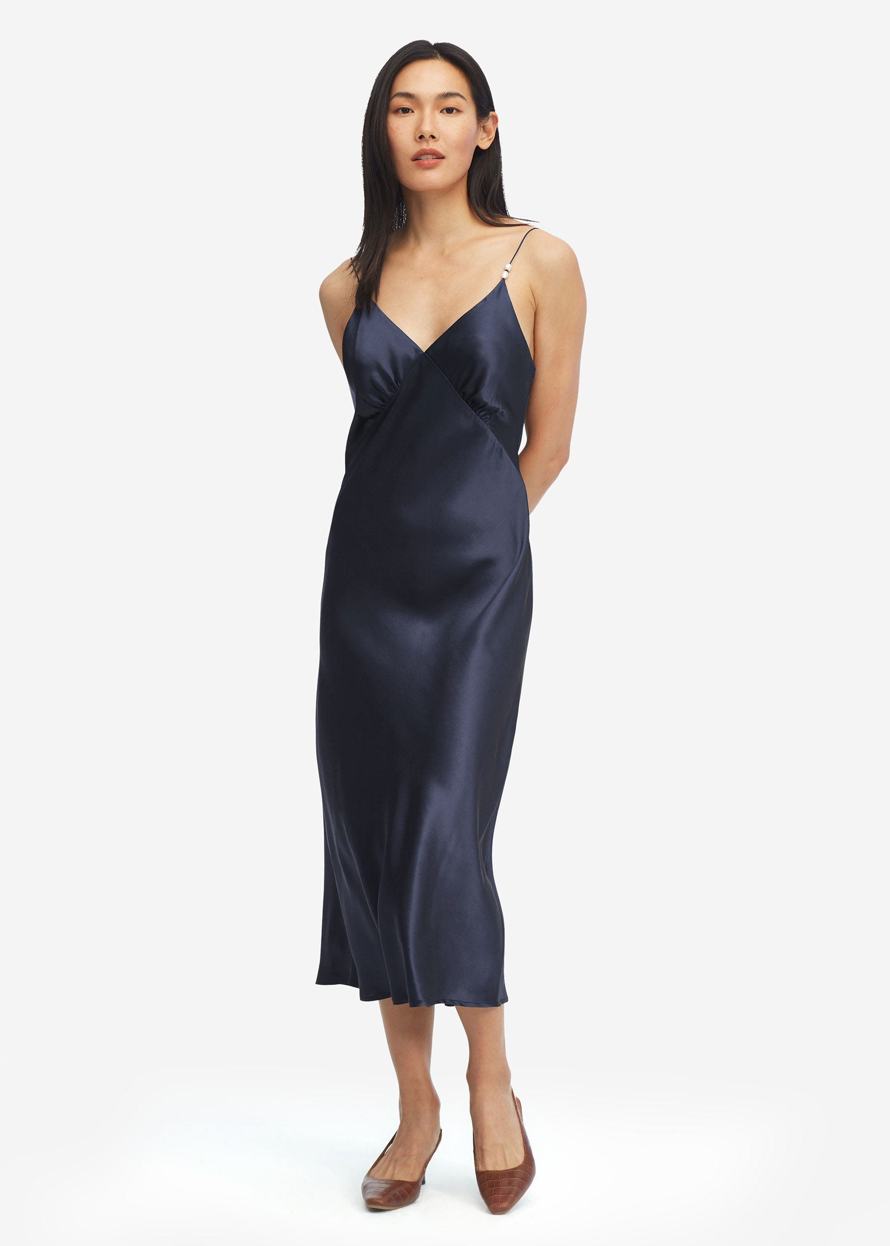 Elegant V Neck Silk Dress With Pearl | LilySilk