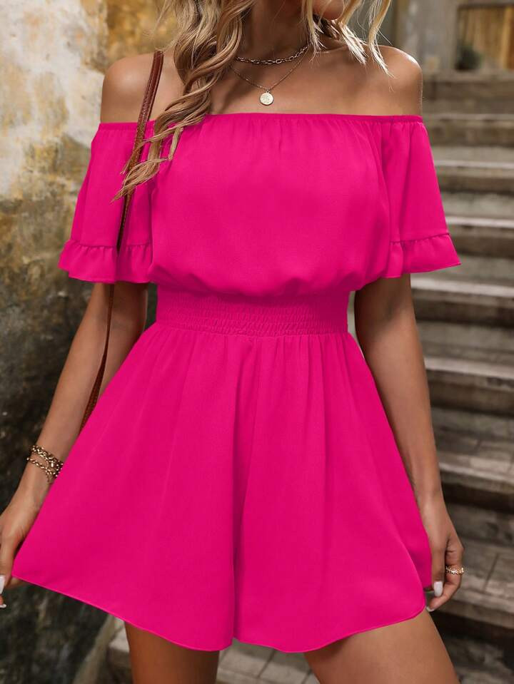 SHEIN VCAY Off Shoulder Frill Trim Romper | SHEIN
