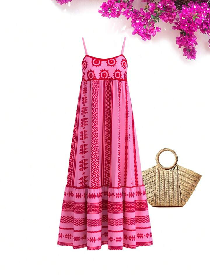 Vivid Eden Ladies' Woven Printed Spaghetti Strap Dress With Flared,Spring&Summer,Summer Outfits F... | SHEIN