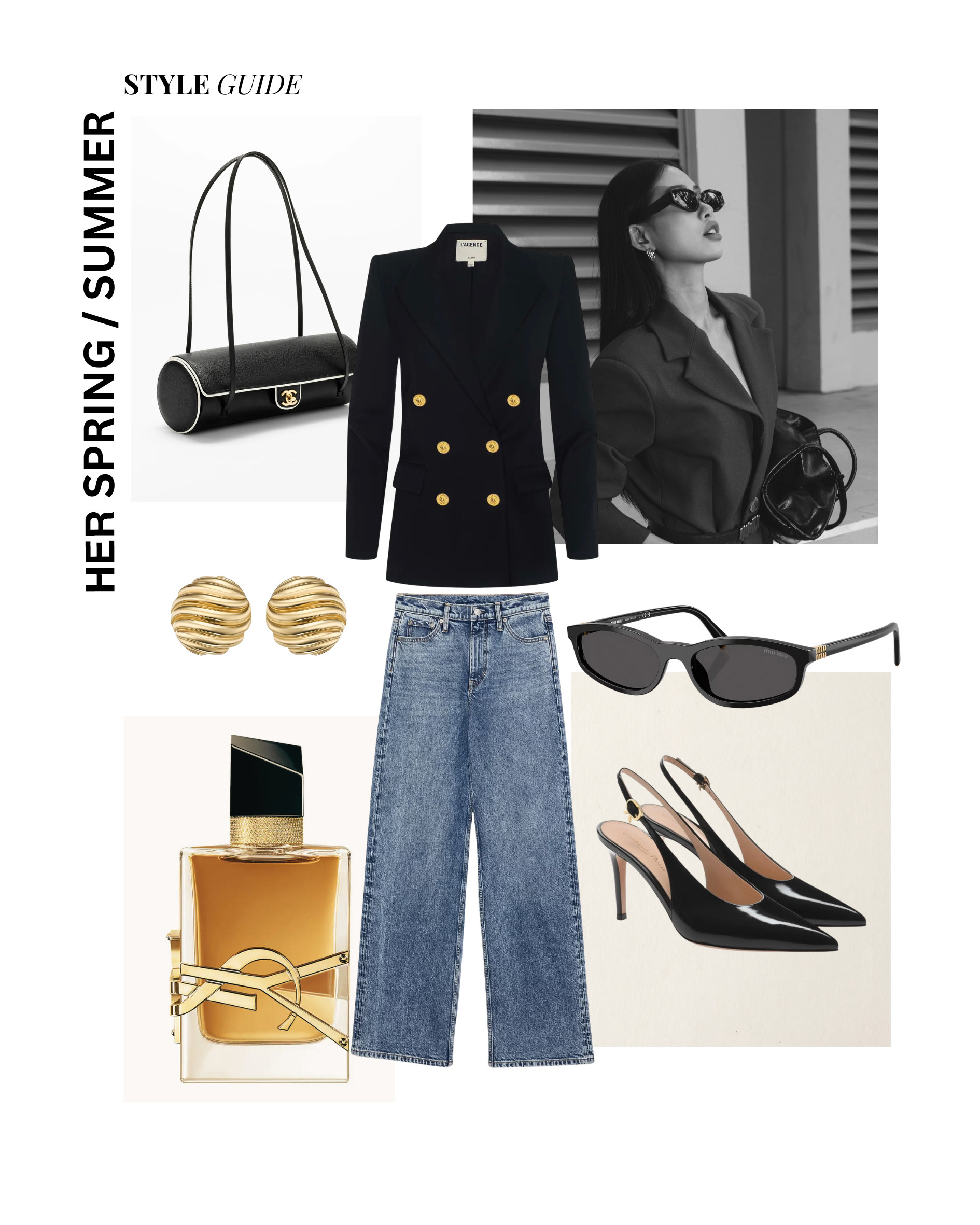 Dressed up. Dressed down. Completely in control. A structured black double-breasted blazer with gold buttons is the anchor here — the kind of piece that commands a room before you've said a word. Paired back with wide-leg blue denim to keep it from feeling too serious, then sharpened with black patent slingback heels and a sleek Chanel cylinder bag. Ribbed gold dome earrings and slim oval sunglasses finish the look with old-money precision. YSL Libre underneath it all — bold, warm, and entirely unapologetic. This is power dressing with personality. #WomensFashion #WomensStyleGuide #SpringSummer2026 #PowerDressing #WomensOOTD #BlackBlazer #DoubleBreastedBlazer #WideLegJeans #SlingbackHeels #ChanelBag #YSL #LibreYSL #GoldEarrings #OvalSunglasses #ChicStyle #ElevatedCasual #FrenchGirlStyle #StyleInspo #FashionForWomen #BossLady 

 #LTKootd #LTKBeauty #LTKWorkwear