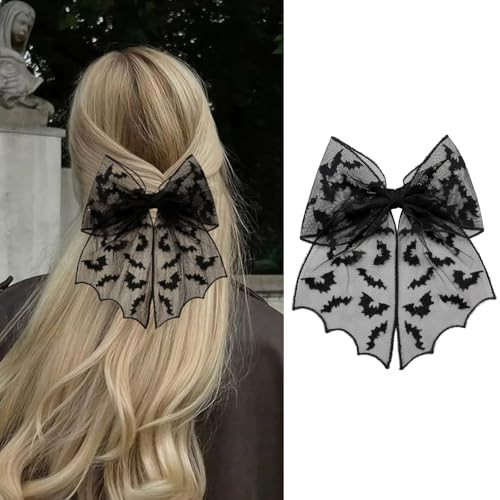 Halloween Bat Hair Bows Black Transparent Tulle Big Ribbon Bow Hair Clips Scary Bats Design Long Tail Hair Barrettes Cute Halloween Hair Accessories for Women Hair Decorations, 1PCS | Amazon (US)